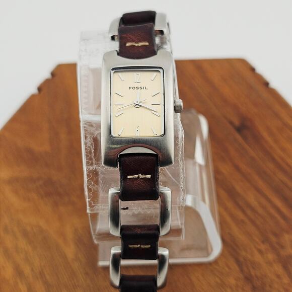Fossil Women's Silver Rectangle Dial Watch Brown Woven Leather Link Band ES1117 - Picture 1 of 6